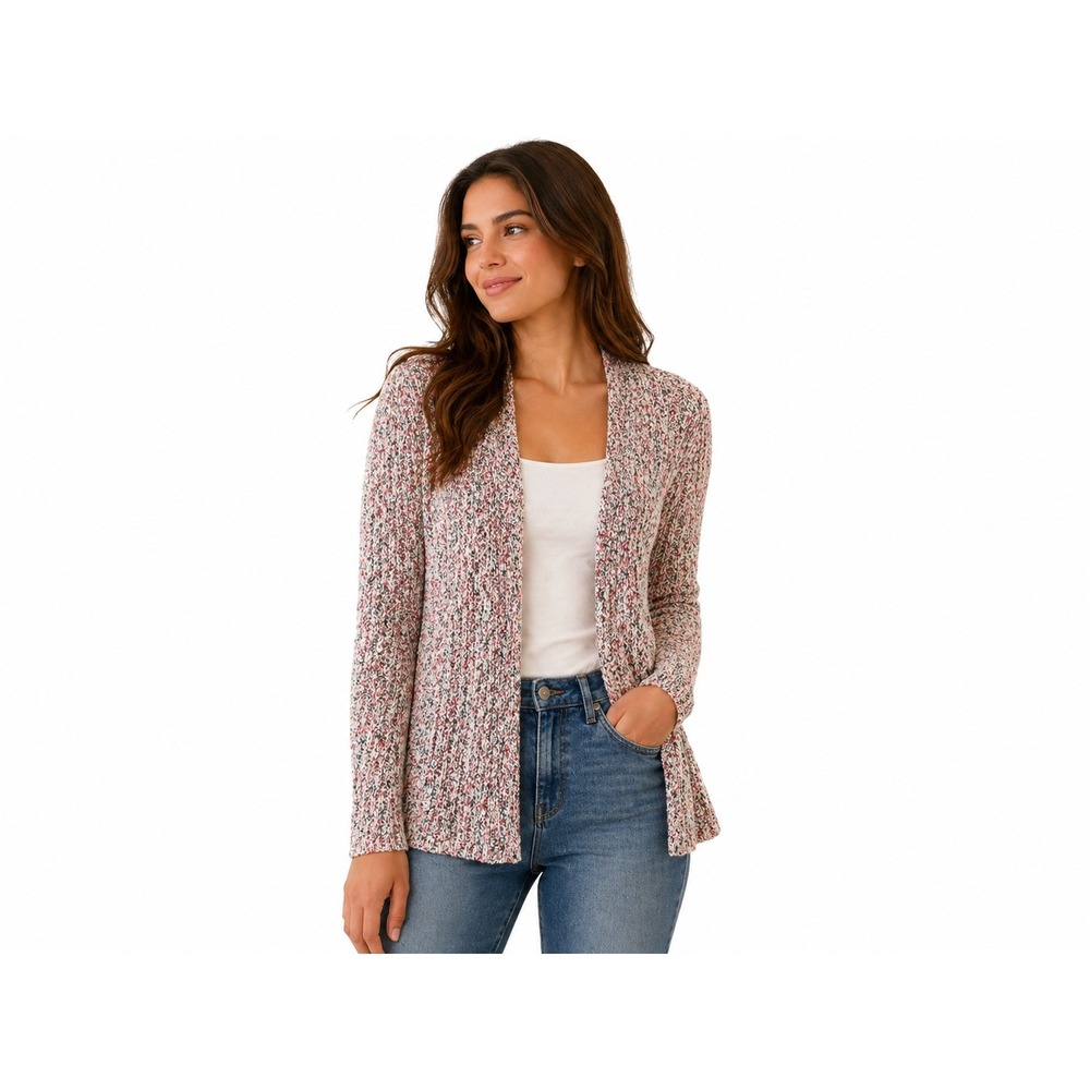 J. Jill‎ Marled Open Front Cardigan XS Red Black White Textured Knit Sweater